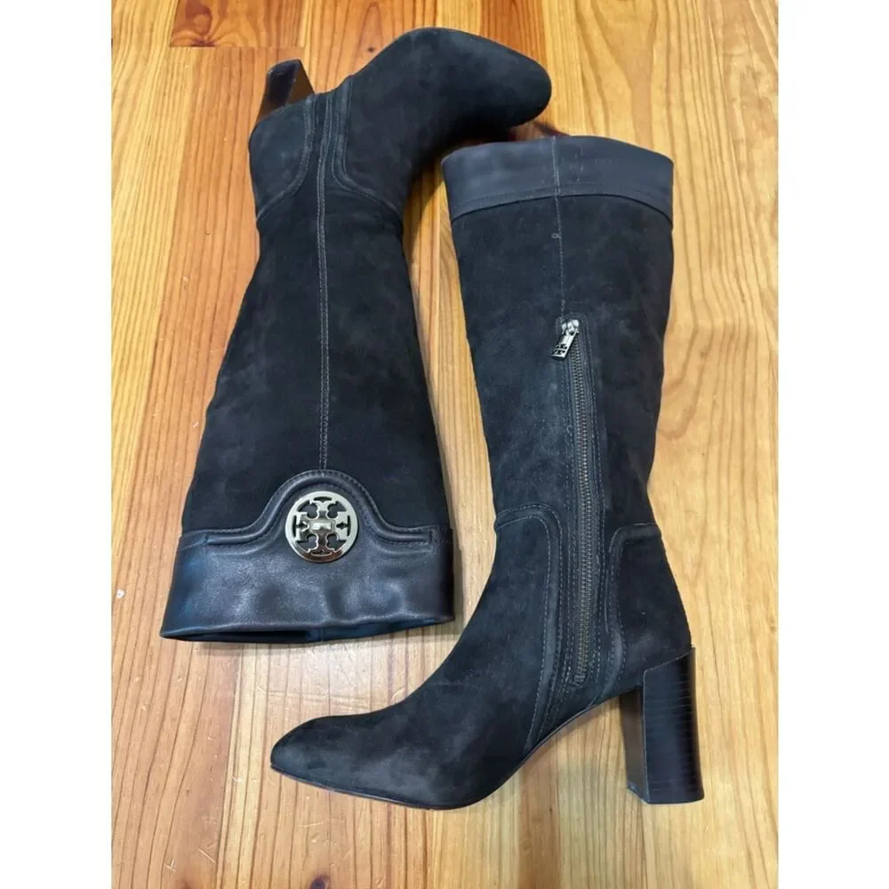 Tory Burch Selma Mid Heel Tall Riding Boots Womens SIZE 8.5M Brown Suede Leather